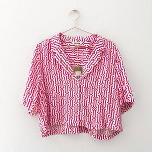 NWT Boden Geometric Pink Cropped Short Sleeve Button Up Shirt Size 16-18